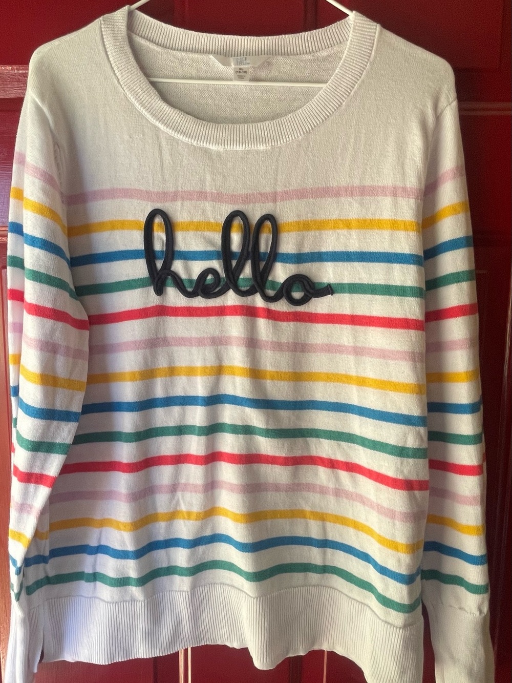 Time and Tru White Crewneck Sweater with Multicolor Stripes